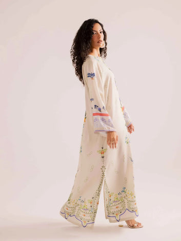 Resort-Style Ivory Floral Printed Satin Co-ord Set for Women HN001