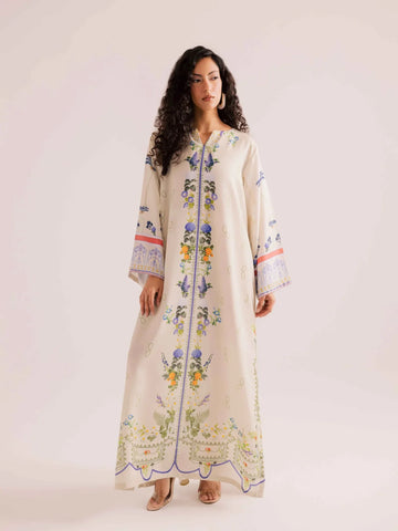 Ivory Floral Print Long Kurta with Soft Flowing Silhouette H006