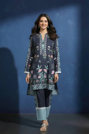 Women’s Navy Blue Floral Printed Kurta Set with Straight Pants HN003