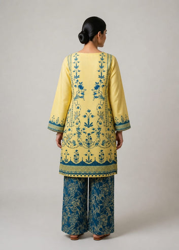 Yellow Floral Printed Straight Co-Ord Set for Women H001