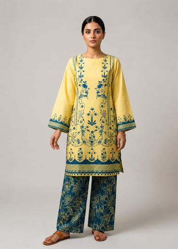 Yellow Floral Printed Straight Co-Ord Set for Women H001